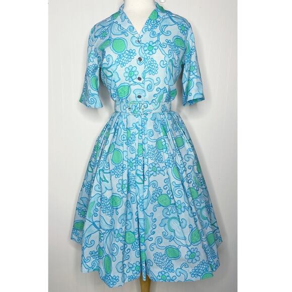 Vintage 50s/60s Bright Blue Green Floral Print A-Line Day Shirt Dress XS/S - Picture 2 of 5